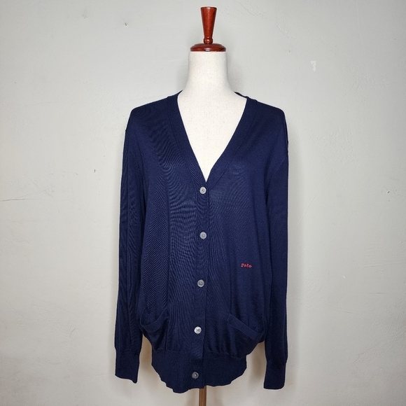 POLO Ralph Lauren Blue Label Silk Blend V-Neck Navy Cardigan with Logo Size Med - Picture 1 of 13